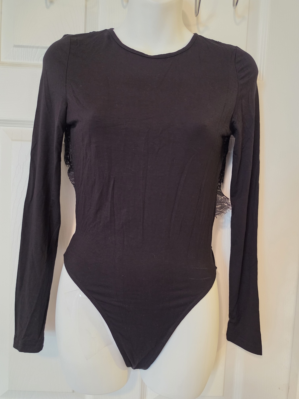SHEIN Black Long-Sleeve Lace-Trim Bodysuit Size Small